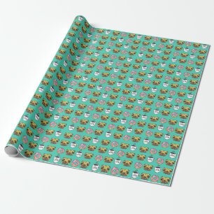 Funny dogs, donuts, coffee pattern. wrapping paper