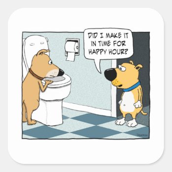 Funny Dogs Happy Hour At Toilet Bowl Square Sticker by chuckink at Zazzle
