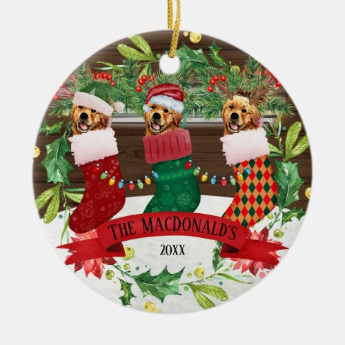 Funny Dogs In Christmas Stockings Family Christmas Ceramic Ornament