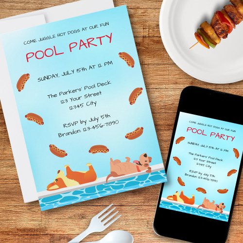 Funny Dogs Juggling Hot Dogs on Pool Deck Party Invitation