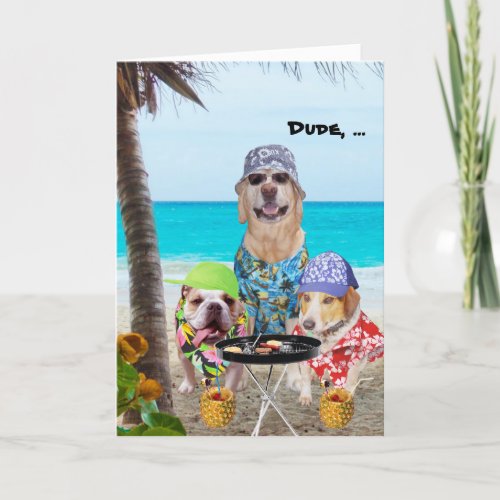 Funny DogsLab in Hawaiian Shirts on Beach Card