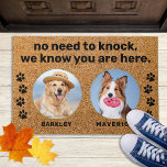 Funny Dogs No Need To Knock Custom 2 Pet Dog Photo Doormat<br><div class="desc">Introducing the perfect door mat for all dog lovers out there! This modern and stylish mat is the ideal way to welcome guests into your home with a touch of humor and cuteness. The faux coir material is both durable and environmentally friendly, while the paw prints and the playful phrase...</div>