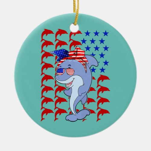 Funny Dolphin American Flag Dolphin Lover 4th Of Ceramic Ornament