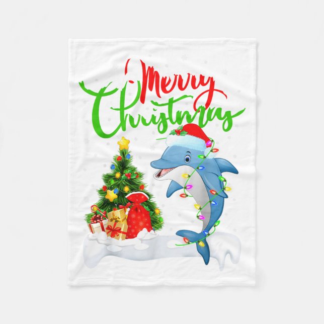 Funny Dolphin Fish Lover Xmas Lighting Dolphin Chr Fleece Blanket (Front)