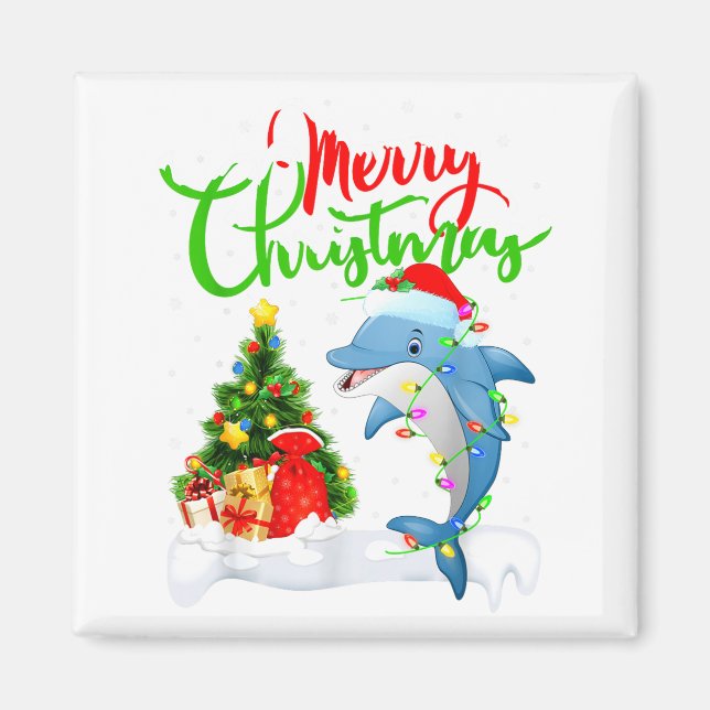 Funny Dolphin Fish Lover Xmas Lighting Dolphin Chr Magnet (Front)