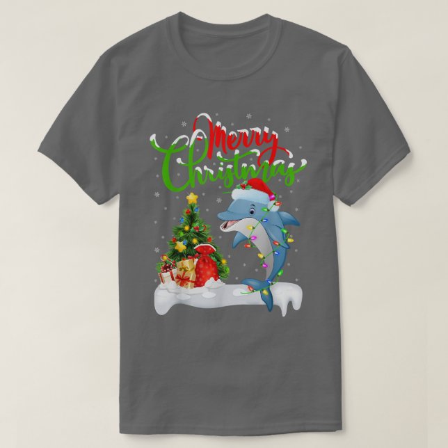 Funny Dolphin Fish Lover Xmas Lighting Dolphin Chr T-Shirt (Design Front)