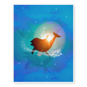 Funny dolphin on blue background with clouds temporary tattoos