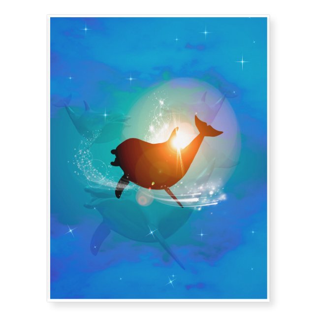 Funny dolphin on blue background with clouds temporary tattoos (Front)