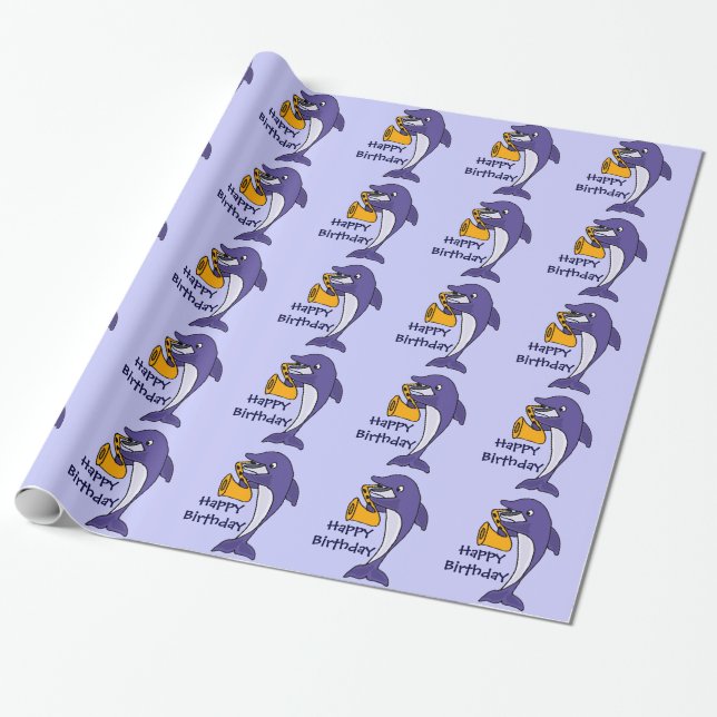 Funny Dolphin Playing Saxophone Birthday Giftwrap Wrapping Paper (Unrolled)