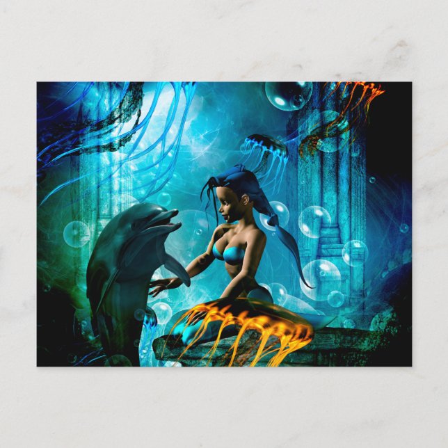 Funny dolphin playing with cute mermaid postcard (Front)