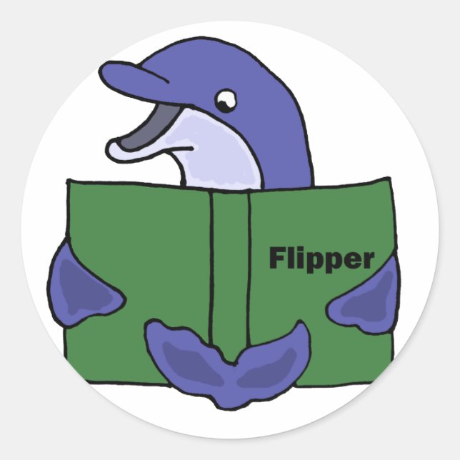 Funny Dolphin Reading Book Cartoon Classic Round Sticker (Front)
