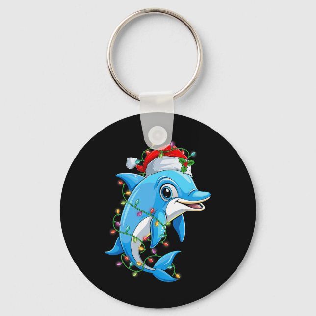 Funny Dolphin Santa Hat Christmas Tree Lights Xmas Keychain (Front)