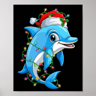 Funny Dolphin Santa Hat Christmas Tree Lights Xmas Poster