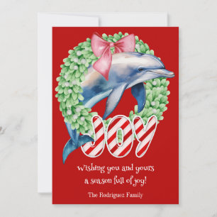 Funny Dolphin Wreath Joy Christmas Holiday Card