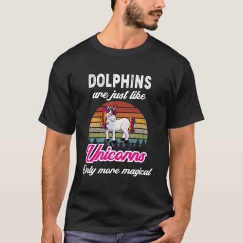 Funny Dolphins Design  Retro Unicorn Vintage Sunse T_Shirt