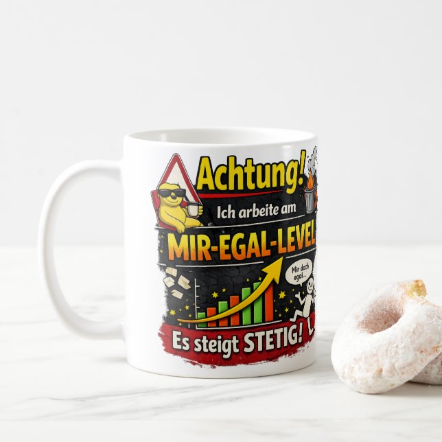 Funny “Don’t Care Level” Warning Graphic Coffee Mug (With Donut)