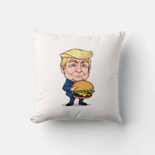 Funny Donald Trump Cartoon with Giant Burger Throw Pillow