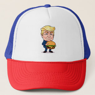 Funny Donald Trump Cartoon with Giant Burger Trucker Hat