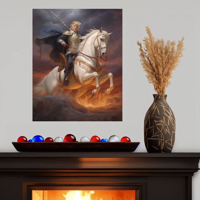 Funny Donald Trump Poster Gift White Horse AI (donald trump 2024 funny knight white horse poster ai art)