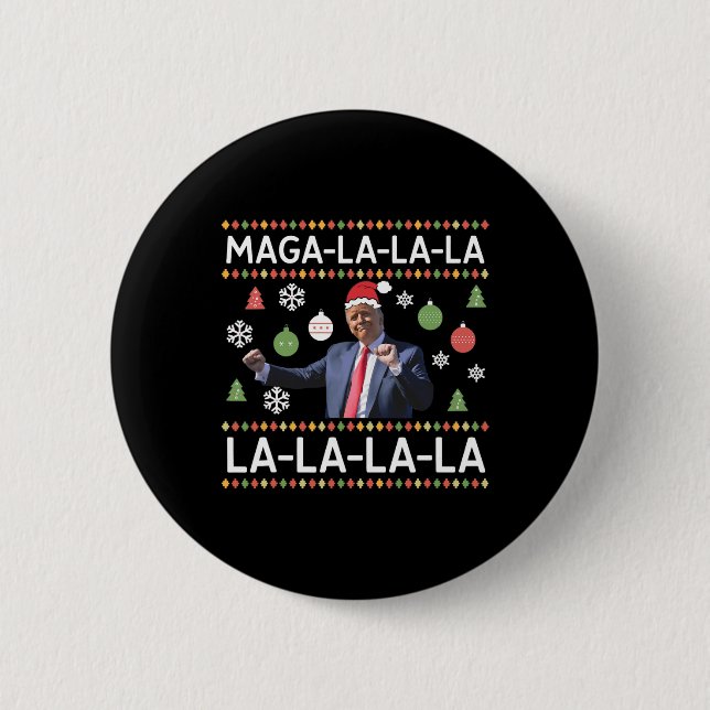 Funny Donald Trump Ugly Christmas Sweater. La La L Button (Front)