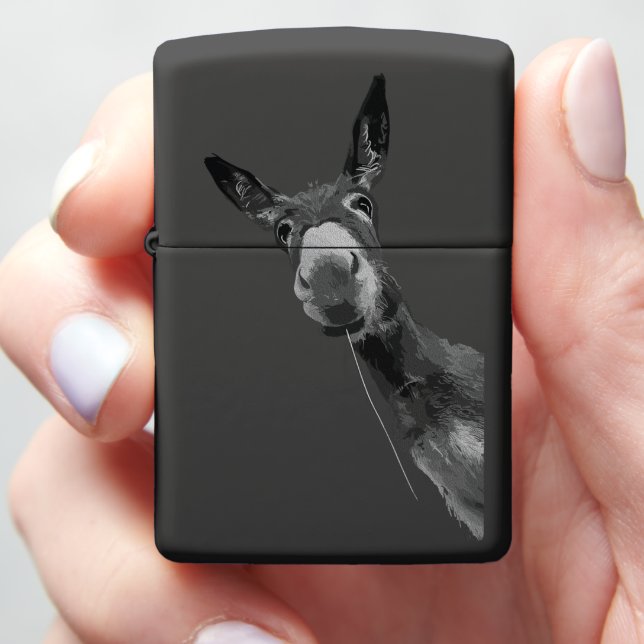 Funny Donkey Grayscale Portrait Art Zippo Lighter (In Hand)