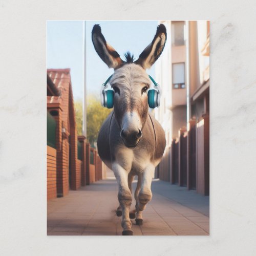 Funny Donkey Listens to Music on a Jog Postcard