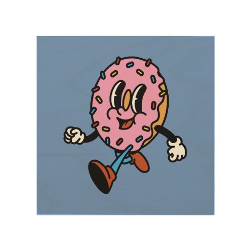 Funny Donut Character walking  Wood Wall Art
