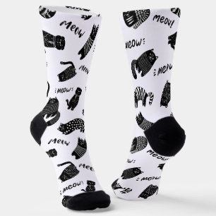 Funny Doodle Black and White Cat Socks