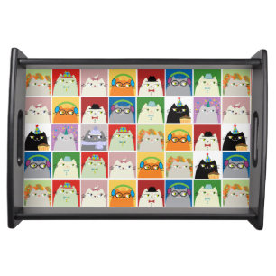 Funny Doodle Face Cat Collage Colorful Serving Tray