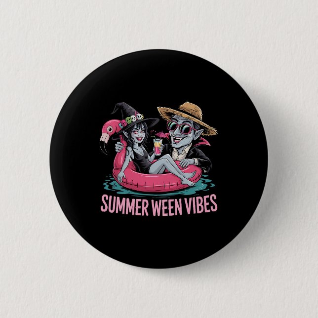Funny Dracula And Witch Float Halloween Summer Wee Button (Front)