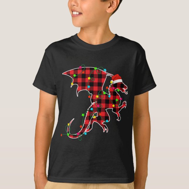 Funny Dragon Christmas Tree Red Plaid Xmas Animals T-Shirt (Front)