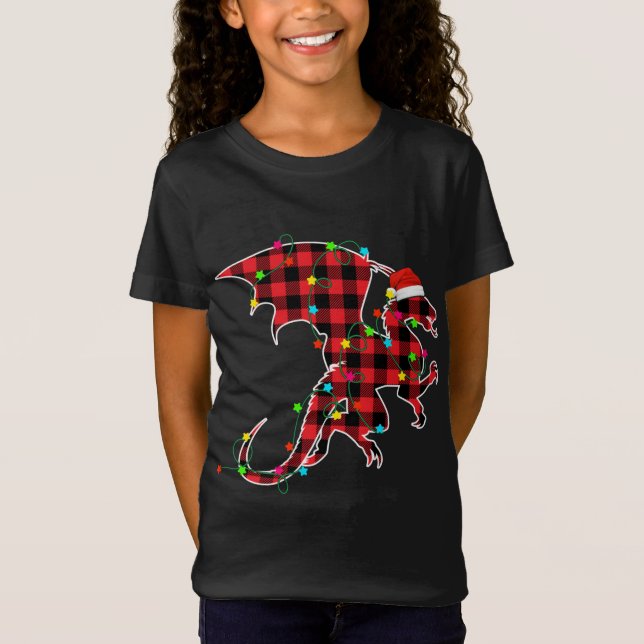 Funny Dragon Christmas Tree Red Plaid Xmas Animals T-Shirt (Front)