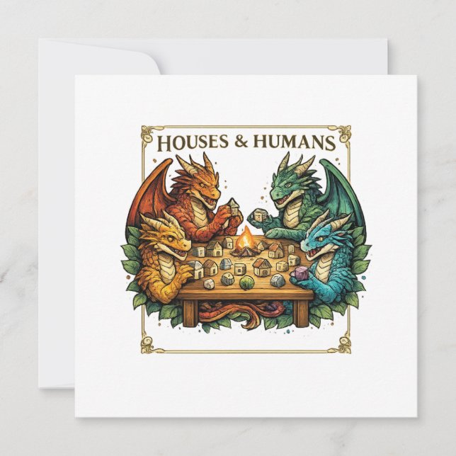 Funny Dragon Houses and Humans Fantasy Art Invitation (Front)