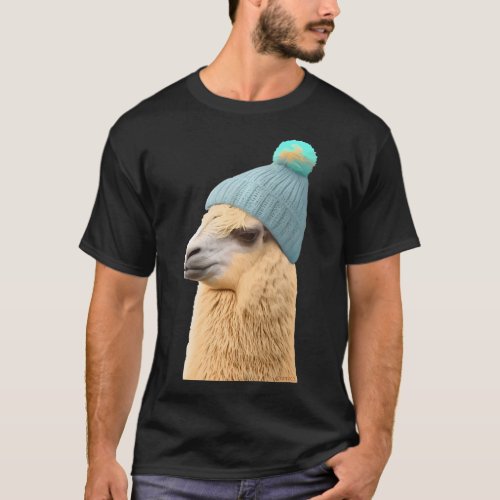 Funny Dramatic Llama in Beanie Cute Hipster Humor T_Shirt