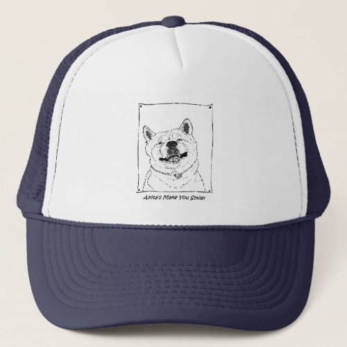 funny drawing of cute akita smiling dog trucker hat