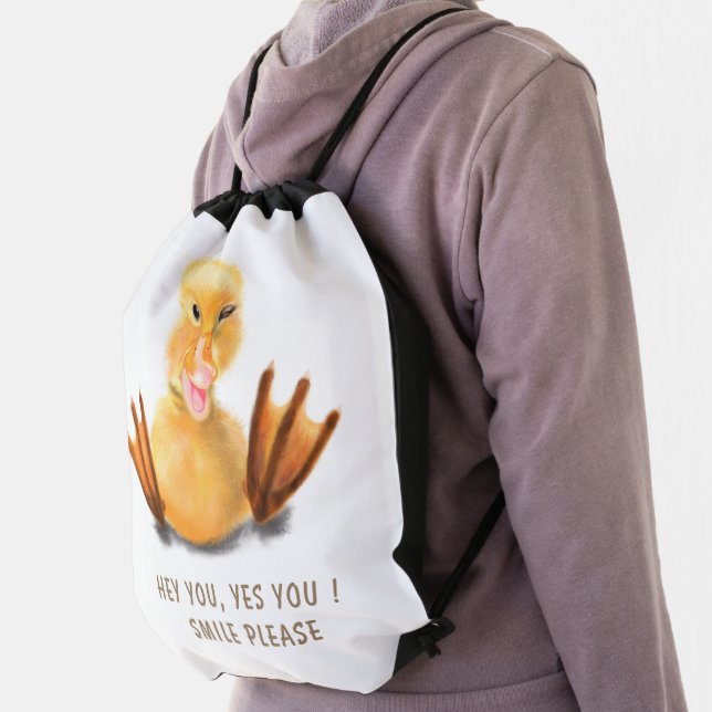 Funny Drawstring Bag with Happy Duck - Custom Text (Insitu)