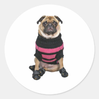 Funny dressed up pug dog with sweater and boots classic round sticker