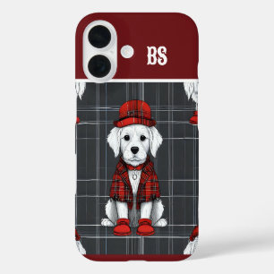 funny dressed up scottish dog - monogram - plaid iPhone 16 case