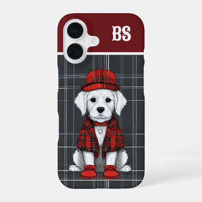 funny dressed up scottish dog - monogram - plaid iphone case (Back)