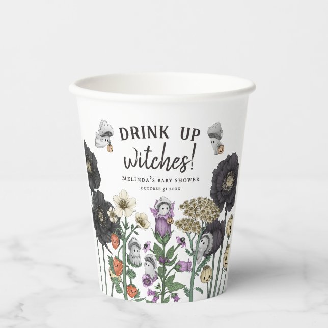 Funny Drink Up Witches Halloween Baby Shower Paper Cups (Front)