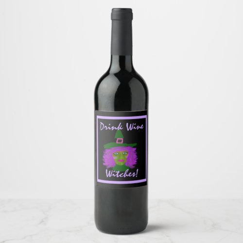 Funny Drink Wine Witches Black Purple Wine Label