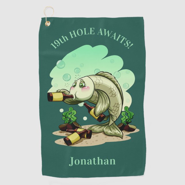 Funny Drinking Fish custom text & color golf towel (Front)