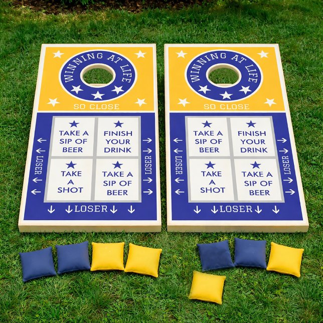 Funny Drinking Game Blue and Gold Cornhole Set (Blue and Gold Cornhole Drinking Game with customizable colors and text)