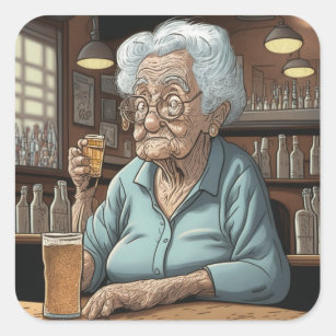 Funny Drinking Humor Old Lady with Beer and Shot Square Sticker