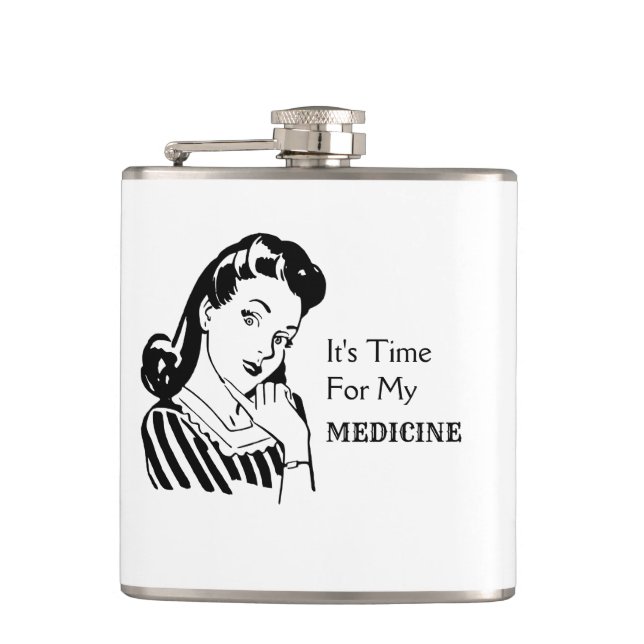 Funny Drinking Quote Retro Woman Time For Medicine Flask (Front)