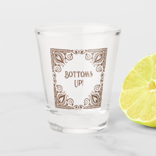 Funny Drinking Themed Bottoms Up! Lotus Art Border Shot Glass