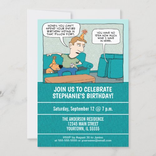 Funny Drinking Wine in Pillow Fort Birthday Party Invitation