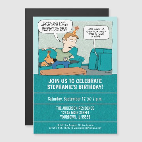 Funny Drinking Wine in Pillow Fort Birthday Party Magnetic Invitation