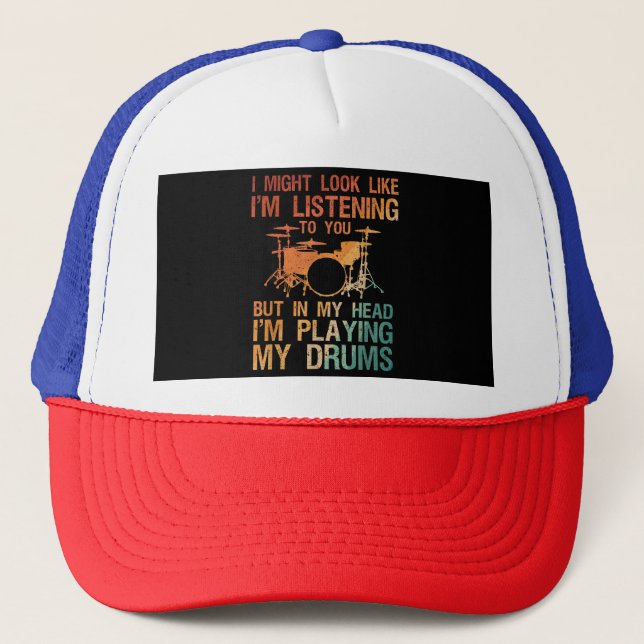 Funny Drummer Art For Men Women Drum Player Percus Trucker Hat (Front)