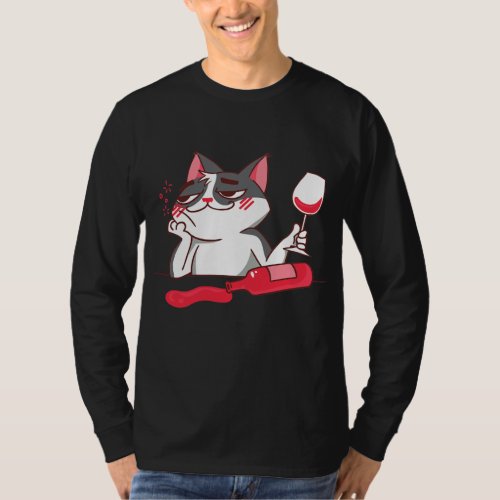 Funny Drunk Cat Drinking Red Wine Cat Dad Shirt